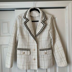 SHEIN White Checkered Blazer with Black Trim